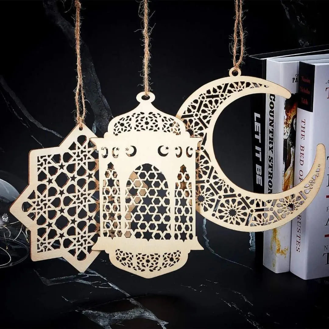 Ramzan Eid Decorative Wooden Wall Hangings 5 Pcs Set | Crescent Moon & Lantern String | White MDF 8x8"