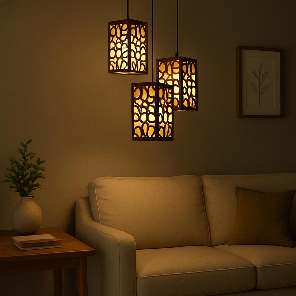 Wooden MDF Ceiling Pendant Light | Dark Brown Artistic Cut Design | Golden Light | 40" Wire Hanging Lamp