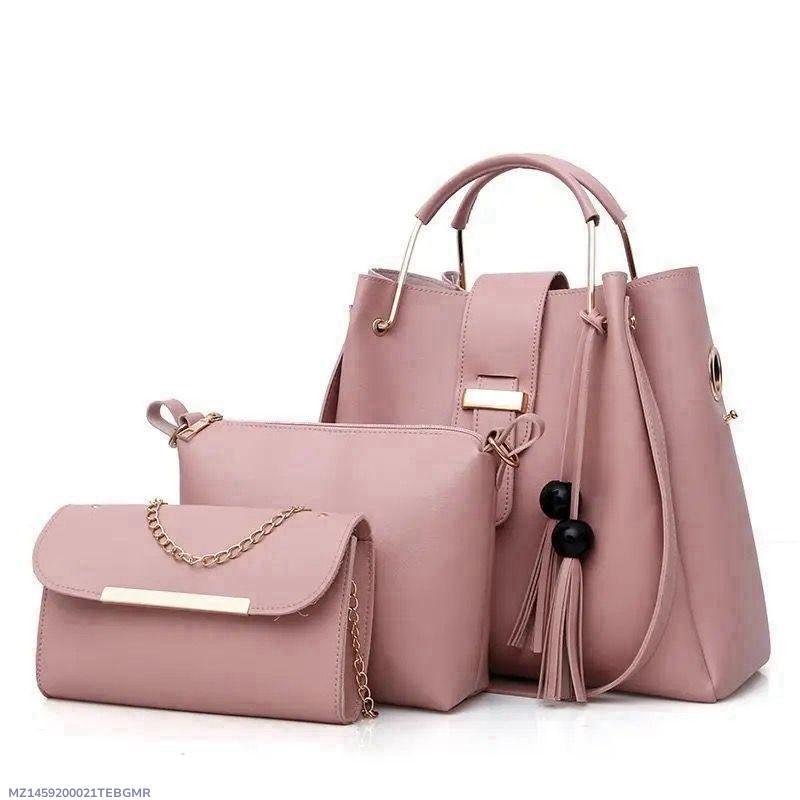 Stylish Pink Leather Hand Bag Set 3 Pcs for Girls | Top Handle Plain Design | 10x10" Kids Bag