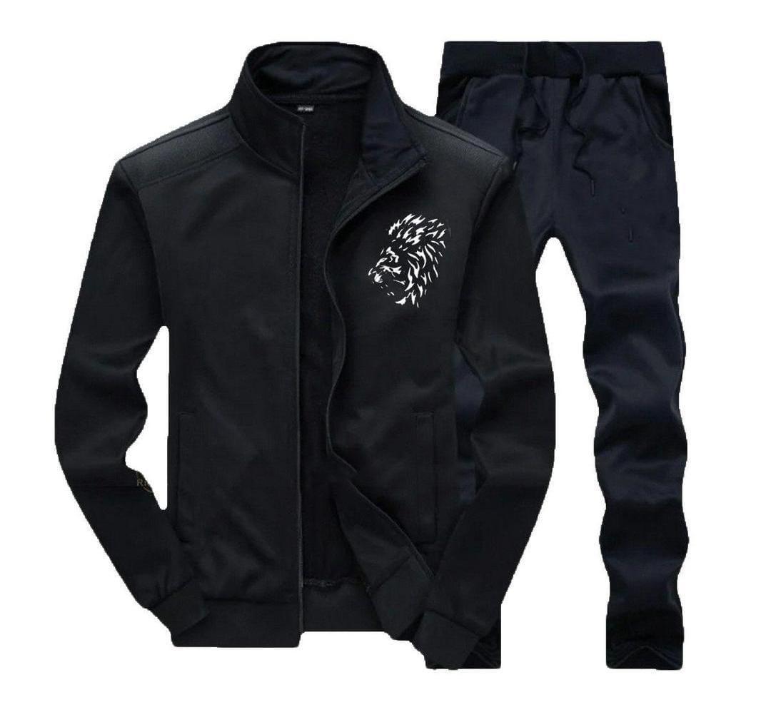 Men’s Polyester Zipper Track Suit – 2 Pcs Plain Activewear Sports Set | Round Neck | Black