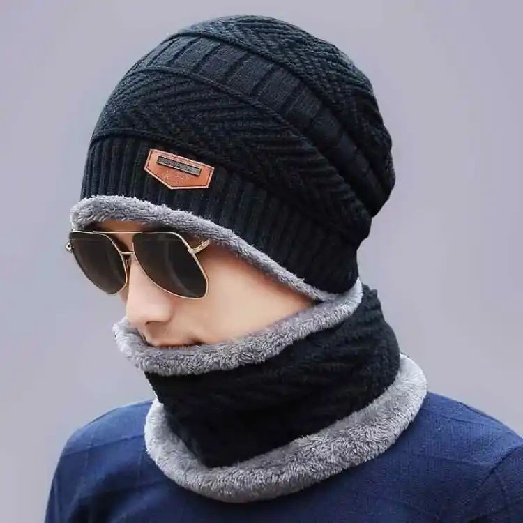 Winter Cap Beanie Hat Cap Neck Warmer Scarf Set Fleece Lined Skull Cap and Scarf Unisex Hat & Scarf Set Stylish Knit Skull Cap for Men Women (2 pcs) h1