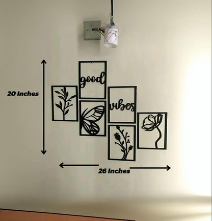 "Good Vibes" Butterfly & Floral Wall Art 6-Piece Frame Set | Black MDF Wood 26x20" | Abstract Design
