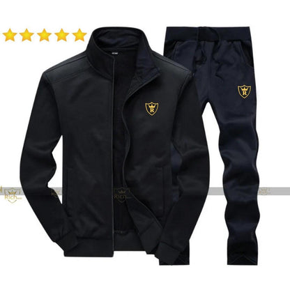 Men’s Fleece Track Suit – 2 Pcs Winter Plain Collar Activewear Set | Black