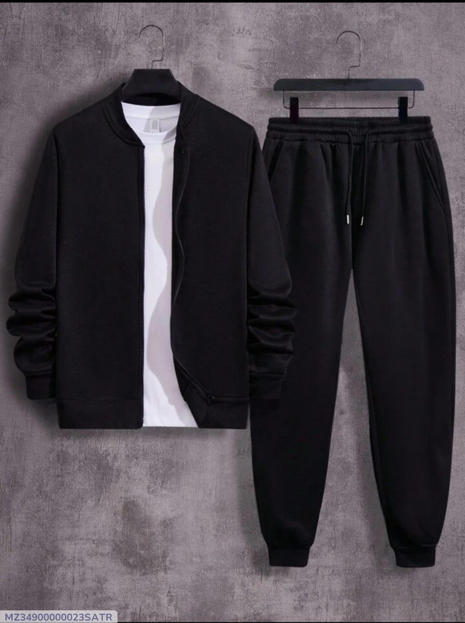 Men’s Premium Fleece Zipper Track Suit – 2 Pcs Plain Warm Sportswear Set | Black