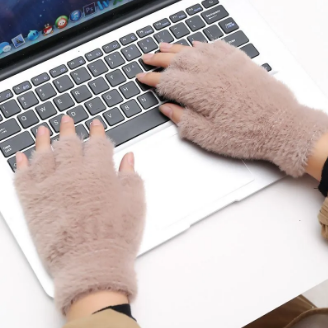 Girls Soft Plush Half Finger Gloves | Warm Fuzzy Fingerless Winter Gloves – Black h1