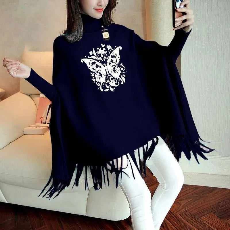 Women's Blue Cotton Printed Poncho Top | High Neck Western Style Shirt | Standard Size 30" Length