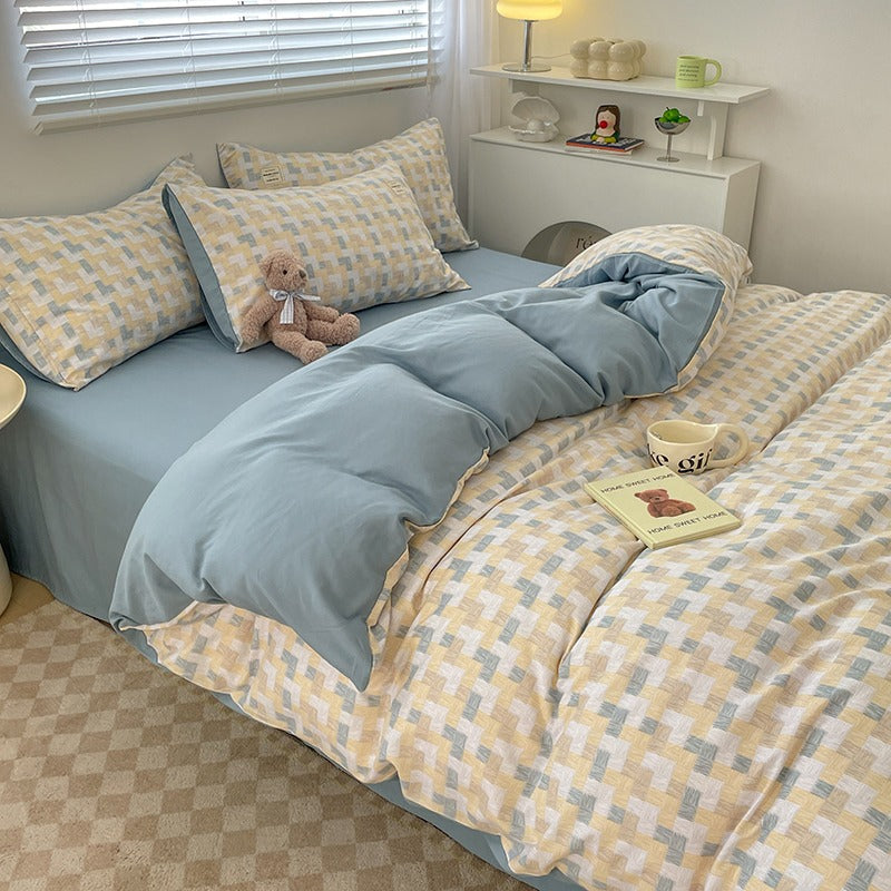 4-Piece Plaid Bedding Set | Brushed Cotton Bed Sheet + Duvet Cover + Fitted Sheet | Student Dorm & Home Use