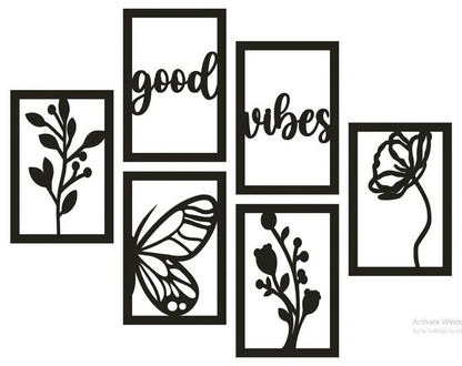 "Good Vibes" Butterfly & Floral Wall Art 6-Piece Frame Set | Black MDF Wood 26x20" | Abstract Design