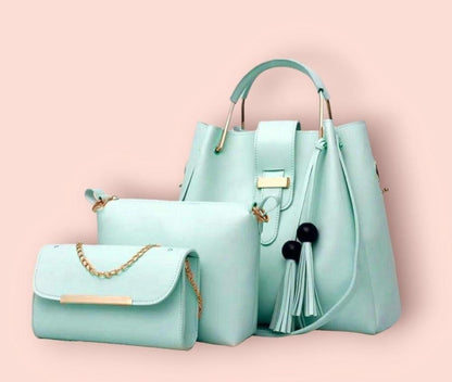 3-Piece Blue Leather Handbag Set for Women | Stylish Plain Design Tote & Shoulder Bag Combo