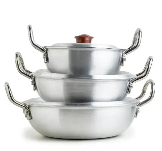 Baby Wok Karahi Set 3 Pcs with Lid | Small Size Aluminum Silver Cookware | Cooking & Serving Set