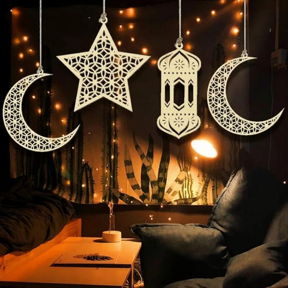 Ramzan Eid Decorative Wooden Wall Hangings 5 Pcs Set | Crescent Moon & Lantern String | White MDF 8x8"