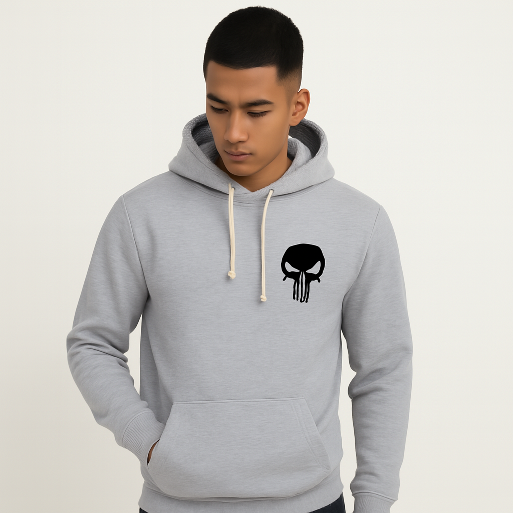 Printed Grey Hoodie for Teens & Adults – Black Skull Graphic, Premium Cotton Fabric h1