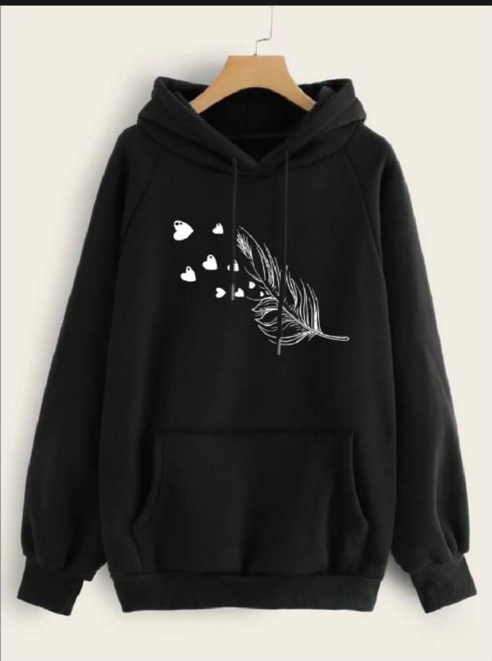Women's Fleece Printed Pullover Hoodie - Black Hooded Top