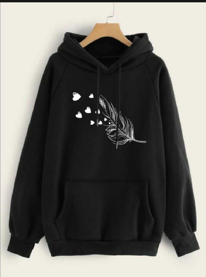 Women's Fleece Printed Pullover Hoodie - Black Hooded Top