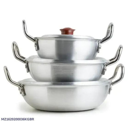 Baby Wok Karahi Set 3 Pcs with Lid | Small Size Aluminum Silver Cookware | Cooking & Serving Set