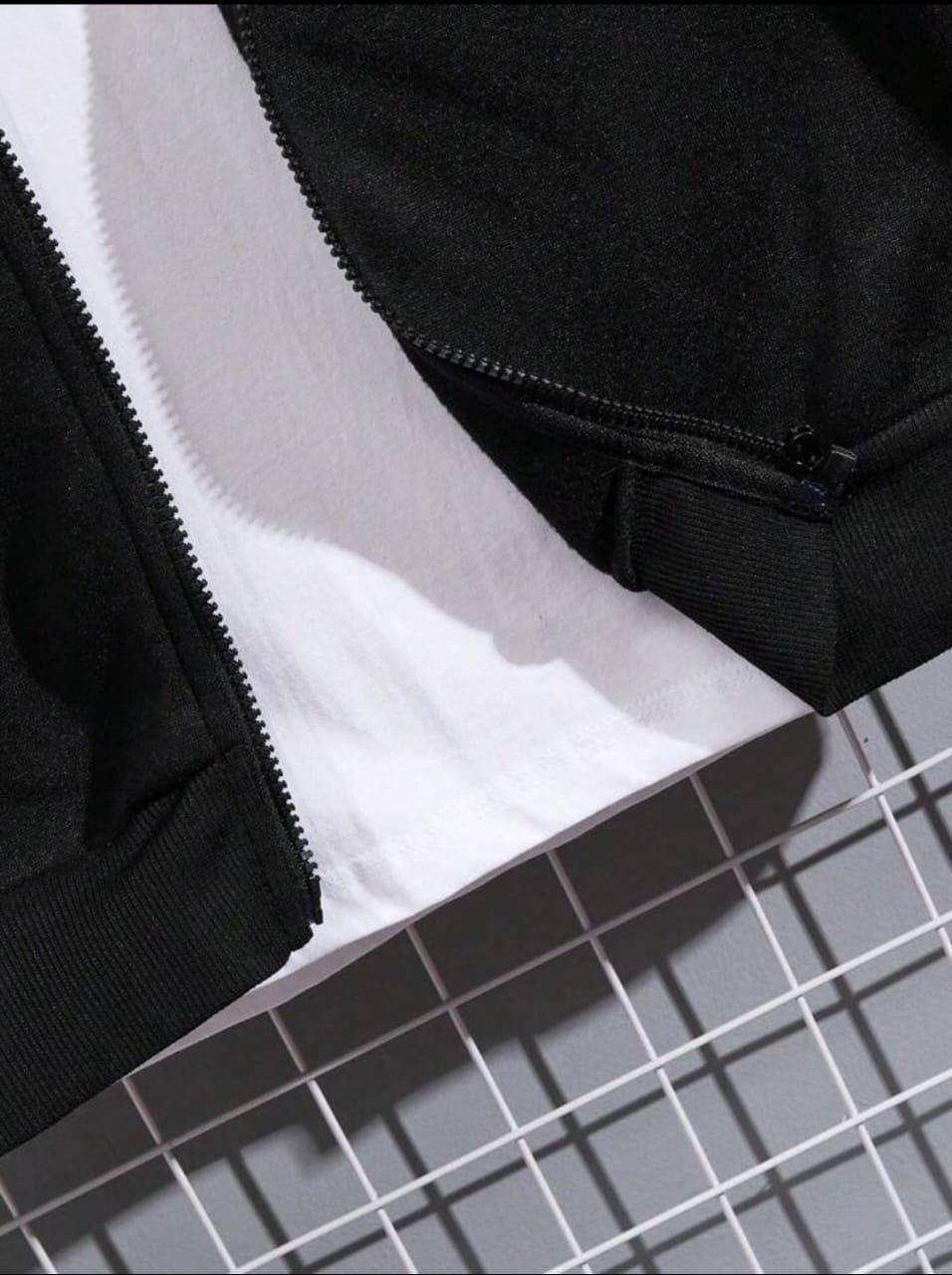 Men’s Premium Fleece Zipper Track Suit – 2 Pcs Plain Warm Sportswear Set | Black