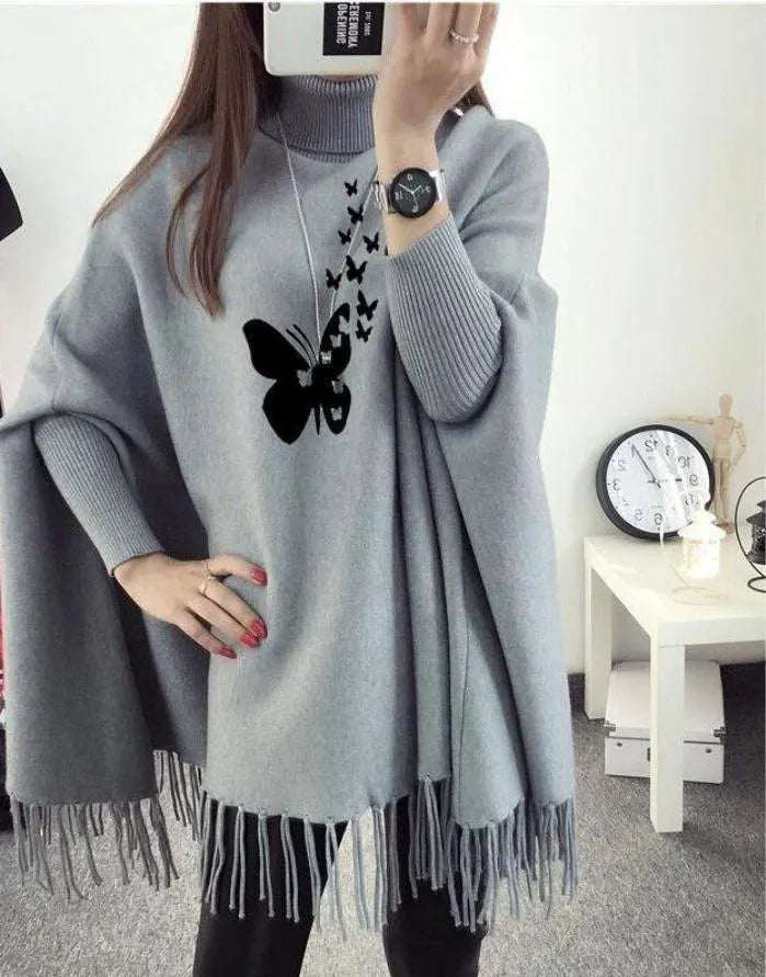 Women's Grey Cotton Printed Poncho Top | High Neck Western Style Shirt | Standard Size 30" Length