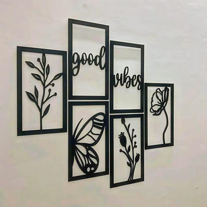 "Good Vibes" Butterfly & Floral Wall Art 6-Piece Frame Set | Black MDF Wood 26x20" | Abstract Design