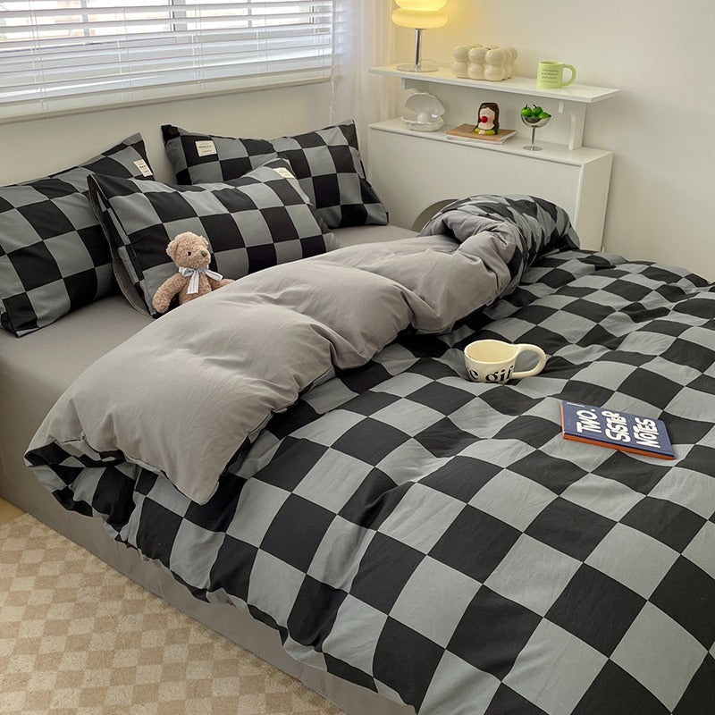 4-Piece Plaid Bedding Set | Brushed Cotton Bed Sheet + Duvet Cover + Fitted Sheet | Student Dorm & Home Use