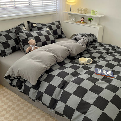 4-Piece Plaid Bedding Set | Brushed Cotton Bed Sheet + Duvet Cover + Fitted Sheet | Student Dorm & Home Use