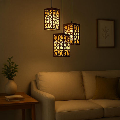 Wooden MDF Ceiling Pendant Light | Dark Brown Artistic Cut Design | Golden Light | 40" Wire Hanging Lamp