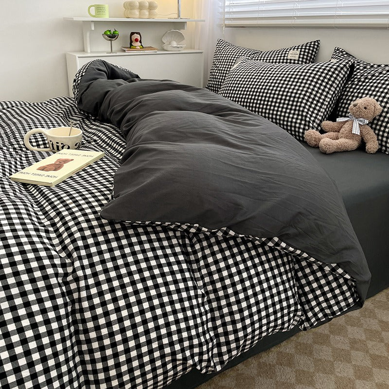 4-Piece Plaid Bedding Set | Brushed Cotton Bed Sheet + Duvet Cover + Fitted Sheet | Student Dorm & Home Use