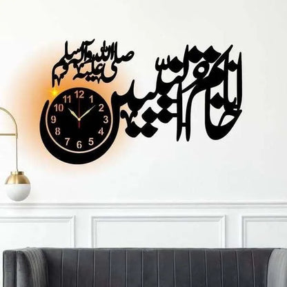 Khatmun Nabiyeen Wooden Wall Clock With LED Light | Islamic Calligraphy Clock | MDF Black 25x15"