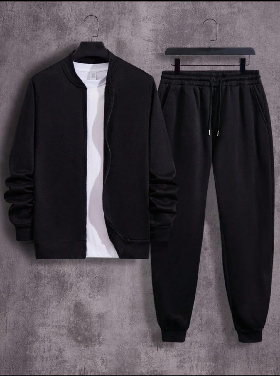 Men’s Premium Fleece Zipper Track Suit – 2 Pcs Plain Warm Sportswear Set | Black