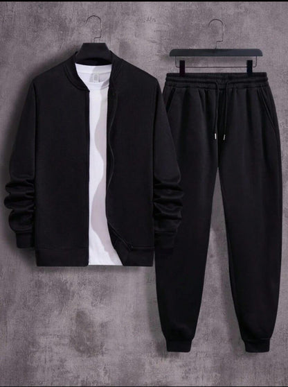 Men’s Premium Fleece Zipper Track Suit – 2 Pcs Plain Warm Sportswear Set | Black