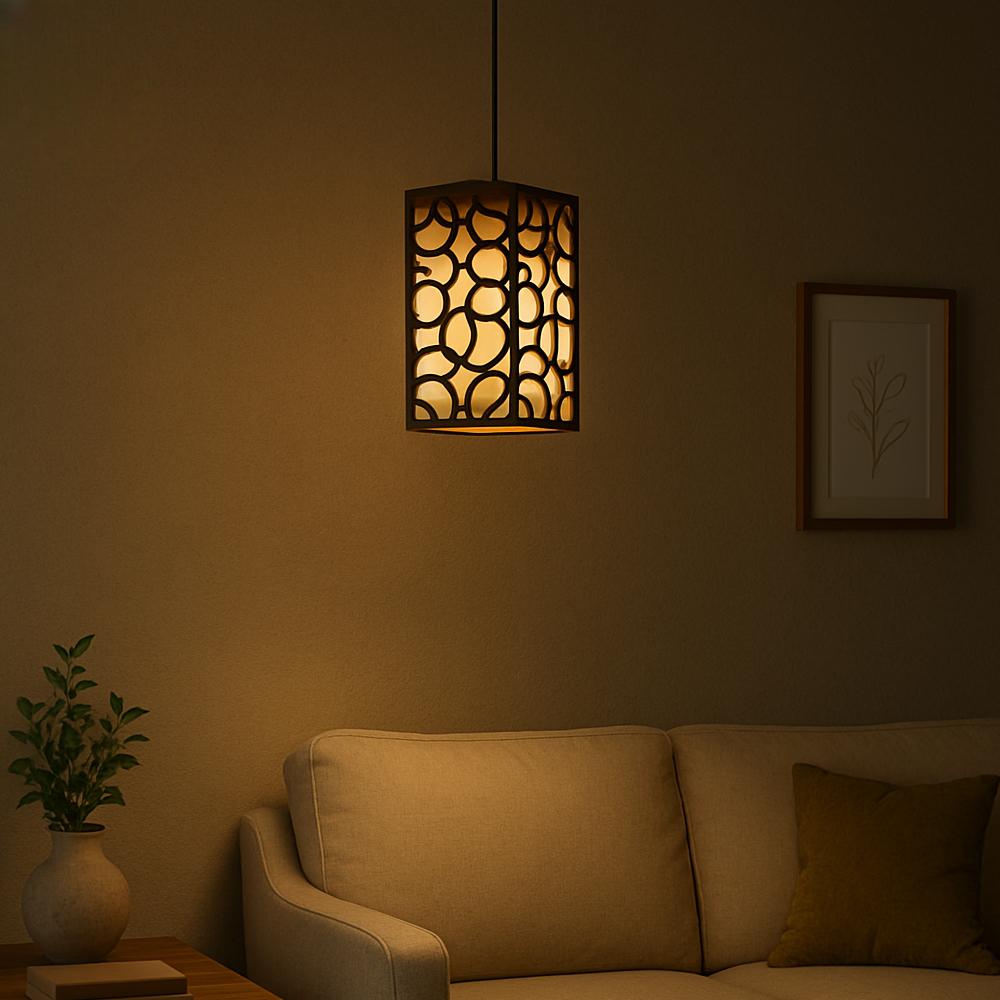 Wooden MDF Ceiling Pendant Light | Dark Brown Artistic Cut Design | Golden Light | 40" Wire Hanging Lamp