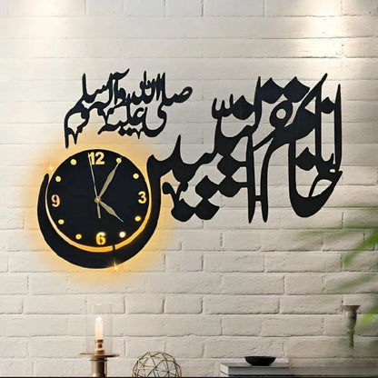 Khatmun Nabiyeen Wooden Wall Clock With LED Light | Islamic Calligraphy Clock | MDF Black 25x15"