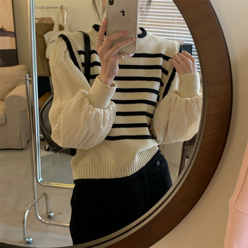 Women's Korean Style Knitwear Top - Fake Two Piece Sweater