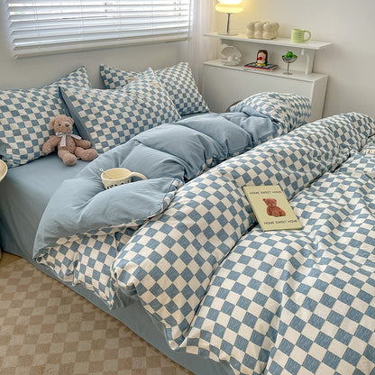 4-Piece Plaid Bedding Set | Brushed Cotton Bed Sheet + Duvet Cover + Fitted Sheet | Student Dorm & Home Use