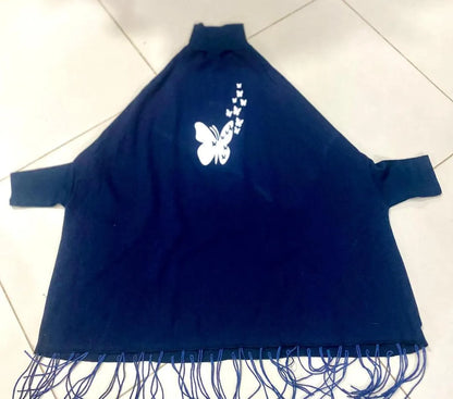 Women's Blue Cotton Printed Poncho Top | High Neck Western Style Shirt | Standard Size 30" Length