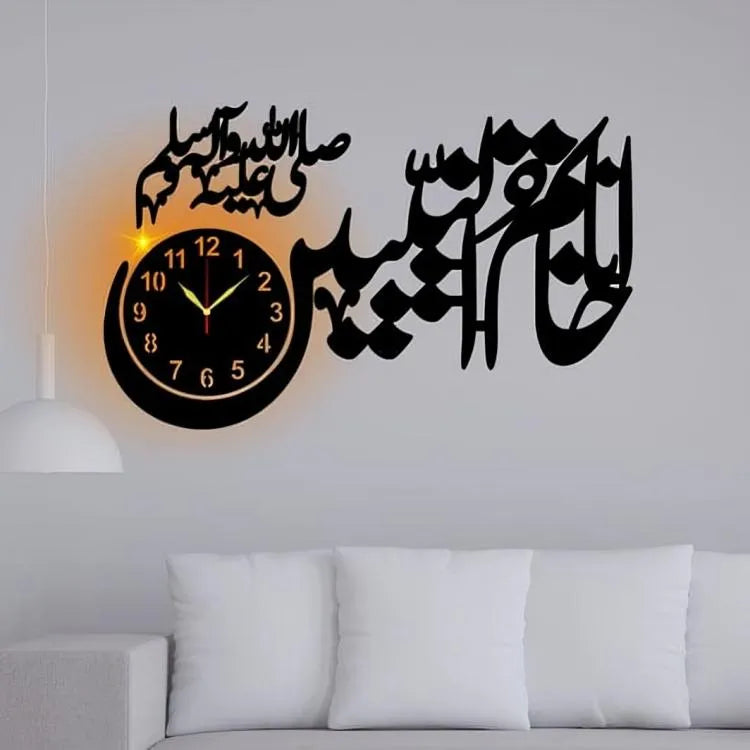 Khatmun Nabiyeen Wooden Wall Clock With LED Light | Islamic Calligraphy Clock | MDF Black 25x15"