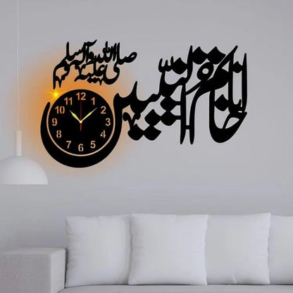 Khatmun Nabiyeen Wooden Wall Clock With LED Light | Islamic Calligraphy Clock | MDF Black 25x15"