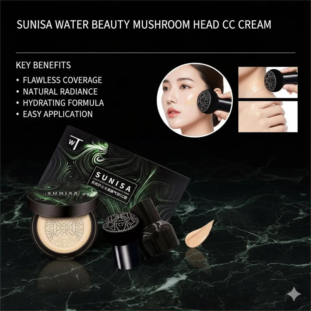 Sunisa Foundation – Flawless Coverage CC Cream | Natural Glow | 24H Waterproof & Sweat-Resistant | With Mushroom Head Sponge | 1 Pc