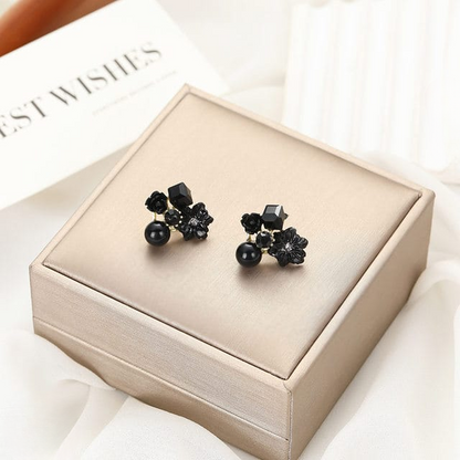 Flower Crystal Korean Earrings for Women – Elegant Fashion Jewelry with Sparkling Stones | Stylish Floral Studs (AXT-104) – Black