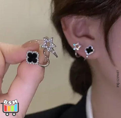 Sparkling Clover Star Earrings for Women – Gold-Plated Fashion Jewelry with Black Enamel & Crystal Detailing (PXJ-107) – Golden h1