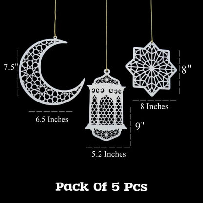 Ramzan Eid Decorative Wooden Wall Hangings 5 Pcs Set | Crescent Moon & Lantern String | White MDF 8x8"