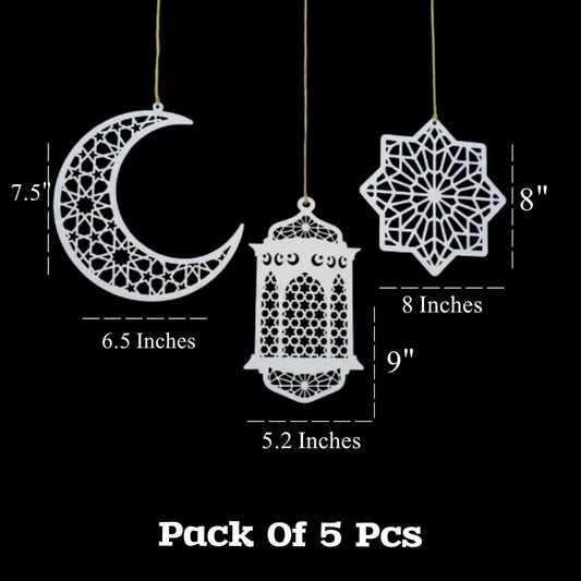 Ramzan Eid Decorative Wooden Wall Hangings 5 Pcs Set | Crescent Moon & Lantern String | White MDF 8x8"