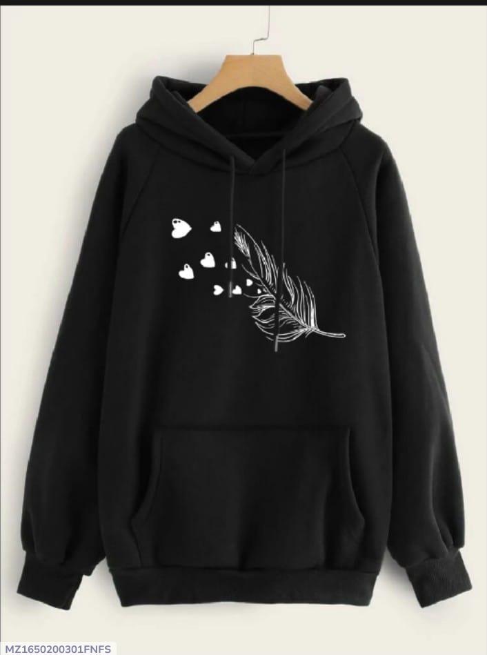Women's Fleece Printed Pullover Hoodie - Black Hooded Top