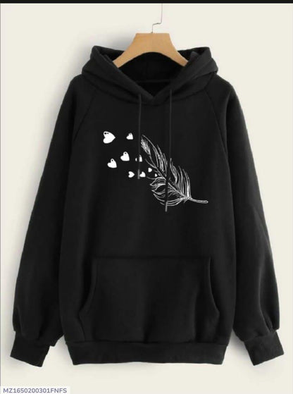Women's Fleece Printed Pullover Hoodie - Black Hooded Top