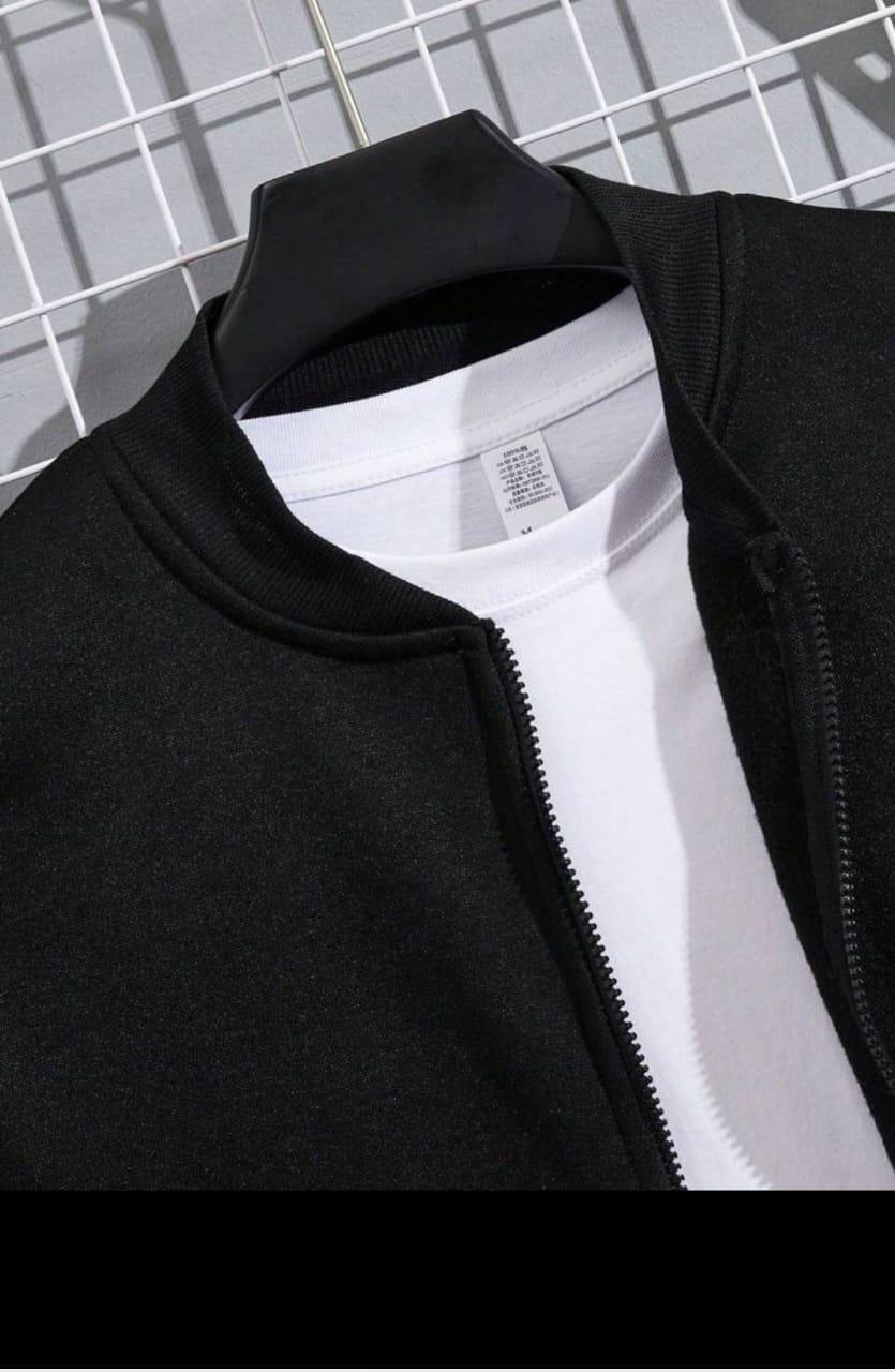 Men’s Premium Fleece Zipper Track Suit – 2 Pcs Plain Warm Sportswear Set | Black