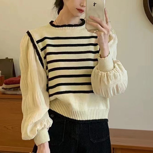Women's Korean Style Knitwear Top - Fake Two Piece Sweater