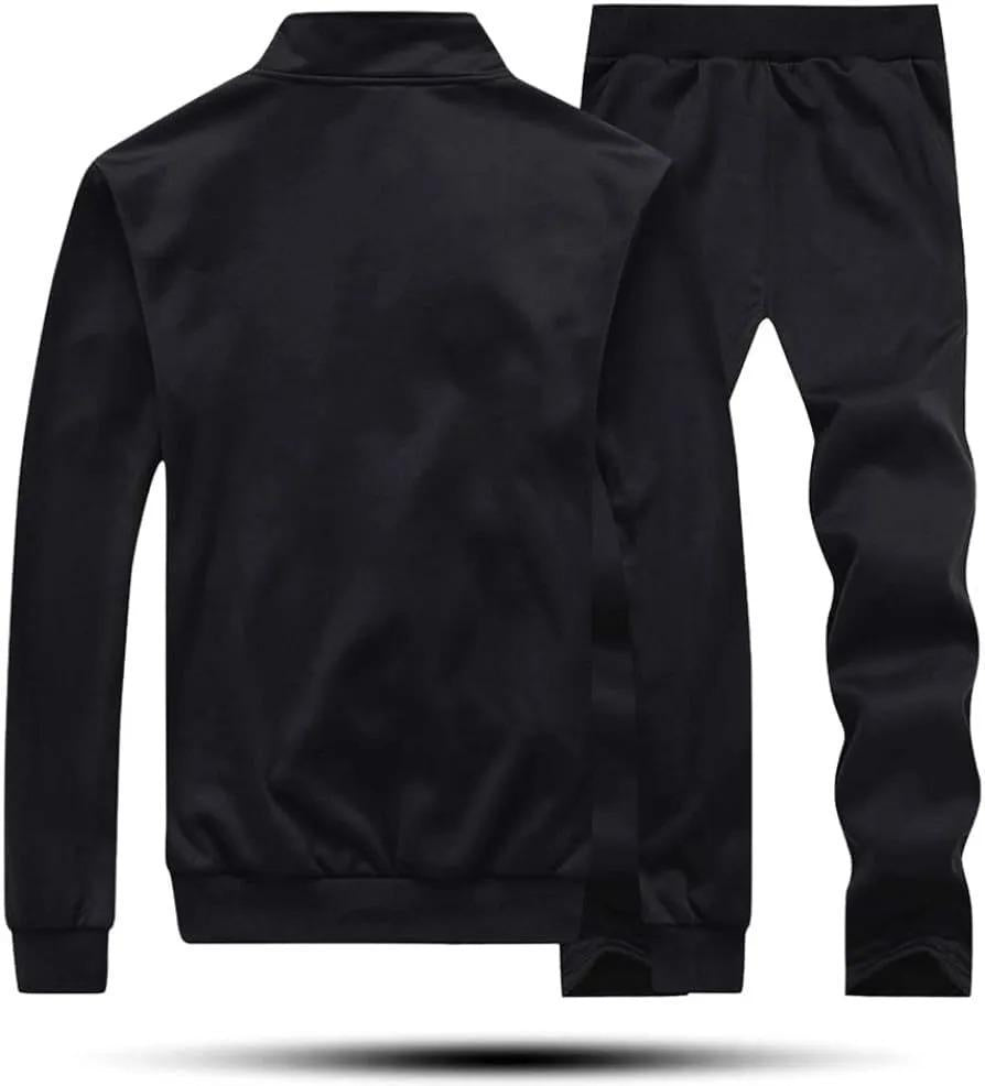 Men’s Polyester Zipper Track Suit – 2 Pcs Plain Activewear Set | Round Neck | Black