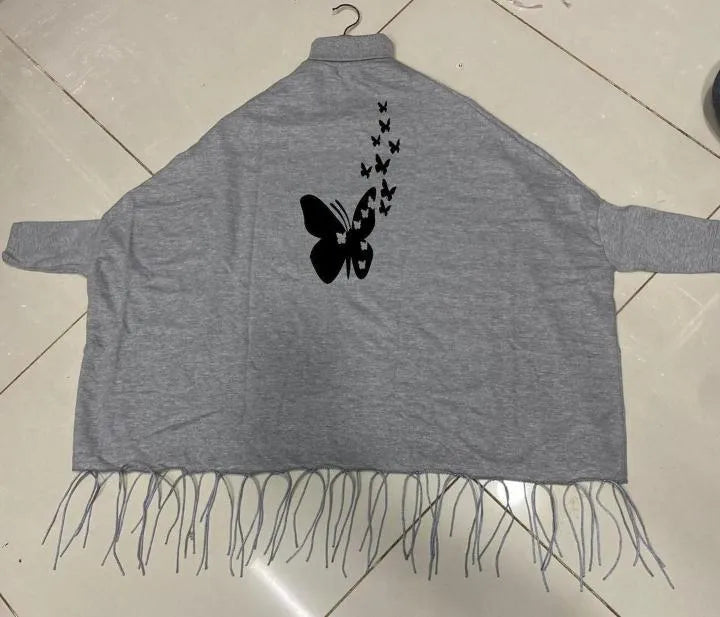 Women's Grey Cotton Printed Poncho Top | High Neck Western Style Shirt | Standard Size 30" Length