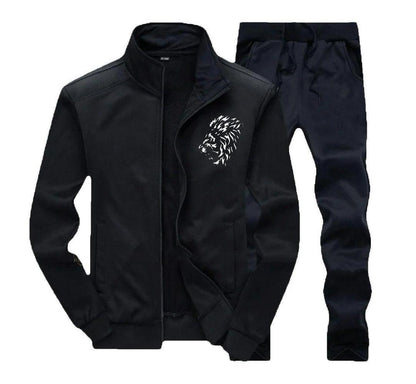 Men’s Polyester Zipper Track Suit – 2 Pcs Plain Activewear Sports Set | Round Neck | Black