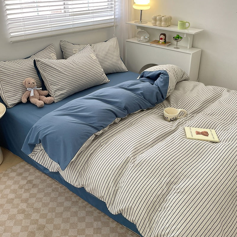 4-Piece Plaid Bedding Set | Brushed Cotton Bed Sheet + Duvet Cover + Fitted Sheet | Student Dorm & Home Use