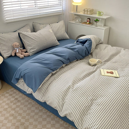 4-Piece Plaid Bedding Set | Brushed Cotton Bed Sheet + Duvet Cover + Fitted Sheet | Student Dorm & Home Use